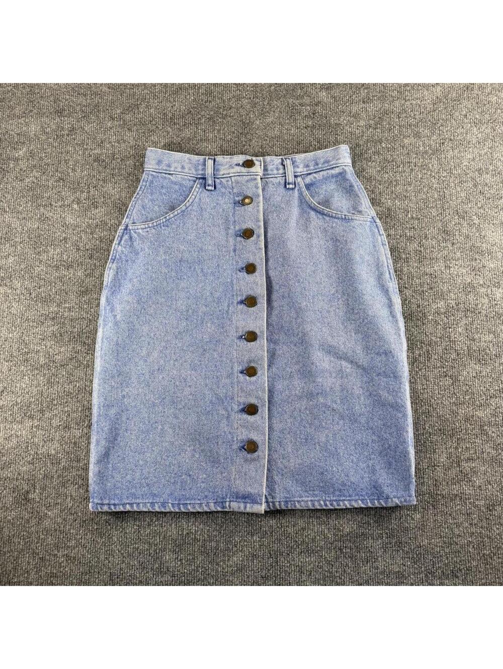VTG Wranglers Light‎ Blue Denim Button-Front Skirt - Made in USA - Sz 9 Western